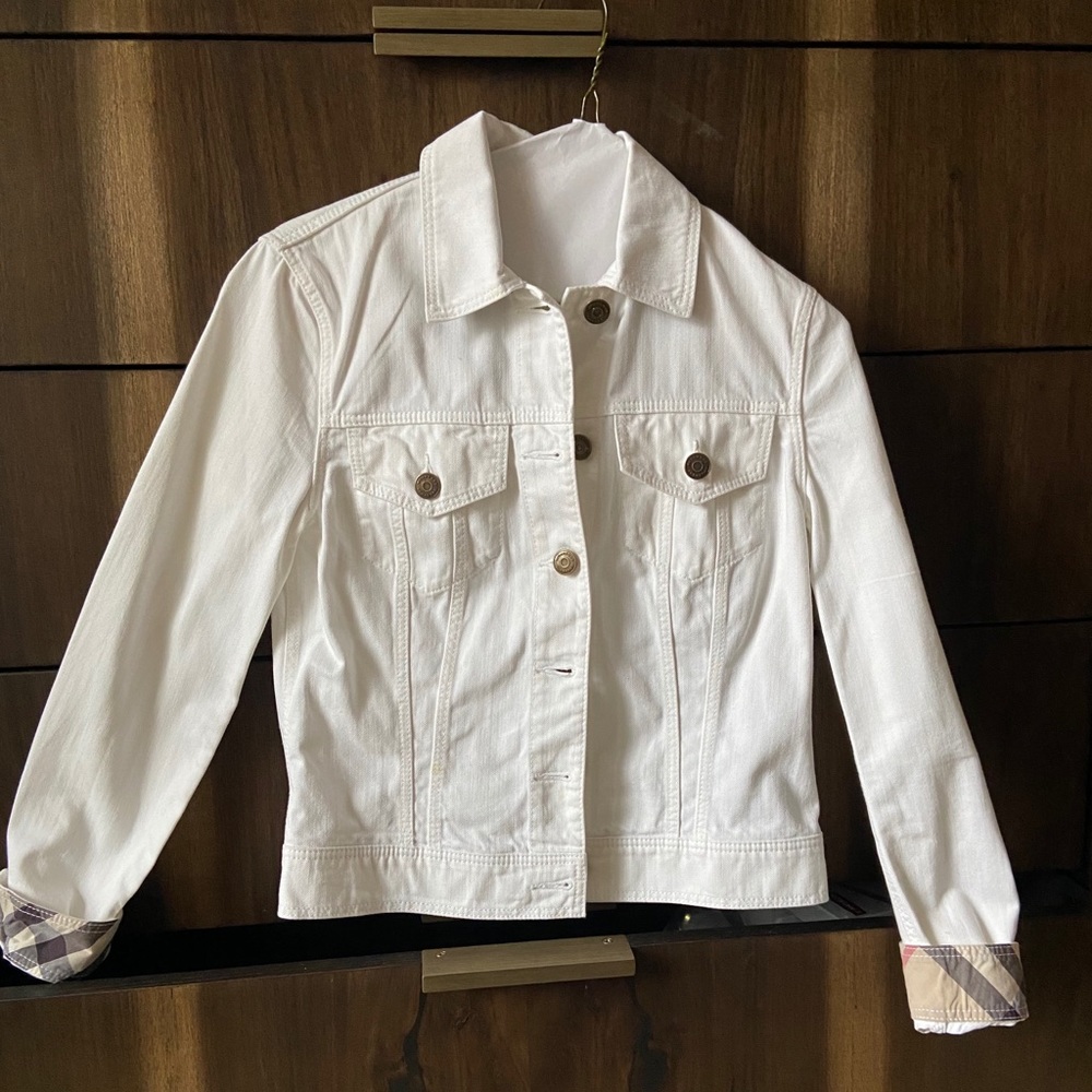 Burberry white Jean jacket with plaid cuffs